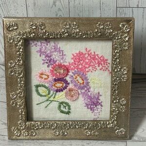 Vintage Floral Embroidery in Gold tone floral Frame pink lilac green one of kind